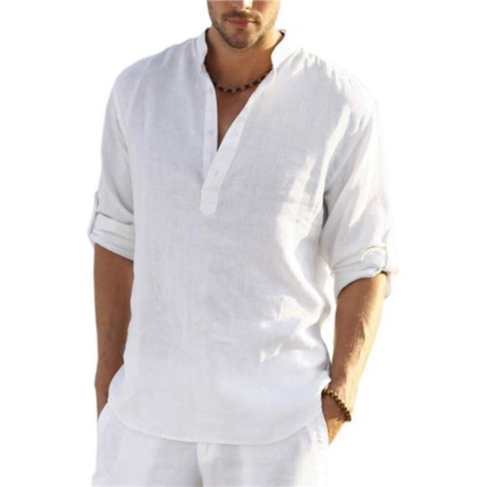 Men's White Cotton Linen Henley T-Shirts Long Sleeve Hippie Casual Beach